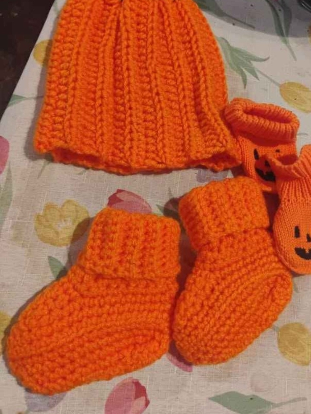 Handmade Orange Knit Baby Hat and Booties Set